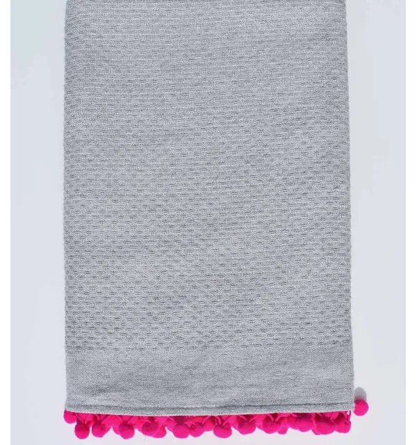 Telo mare grigio nido d'ape con pompon rosa Fouta Tunisia - 1