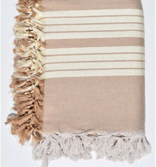 Plaid 4 frange bianco crema e greige con righe Fouta Tunisia - 1