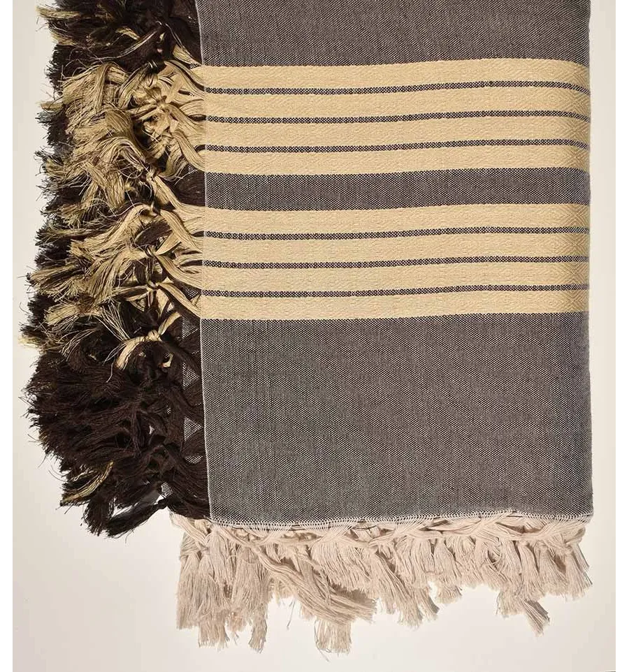 Plaid 4 frange marrone con strisce beige Fouta Tunisia - 2