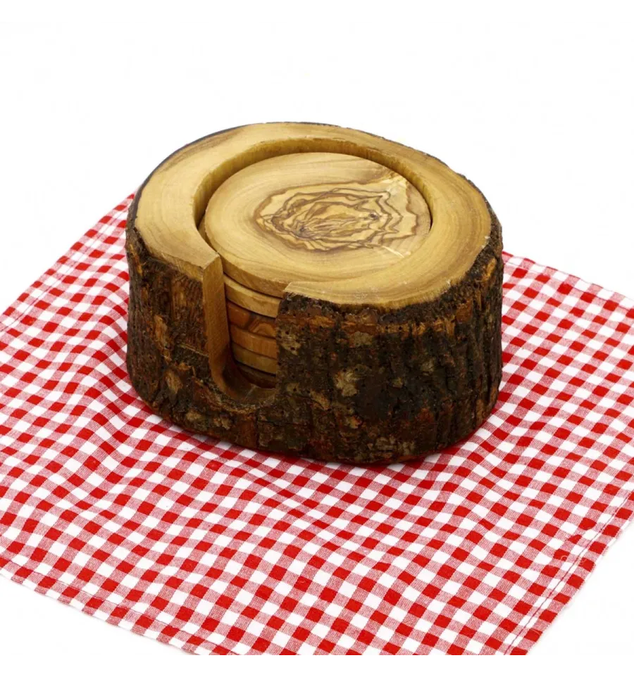 Support en bois d'olivier avec 6 sous verres  - 1