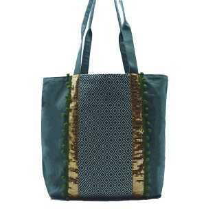 Borsa Saint Tropez verde con motivi chevron e paillettes e pompon dorati Fouta Tunisia - 1