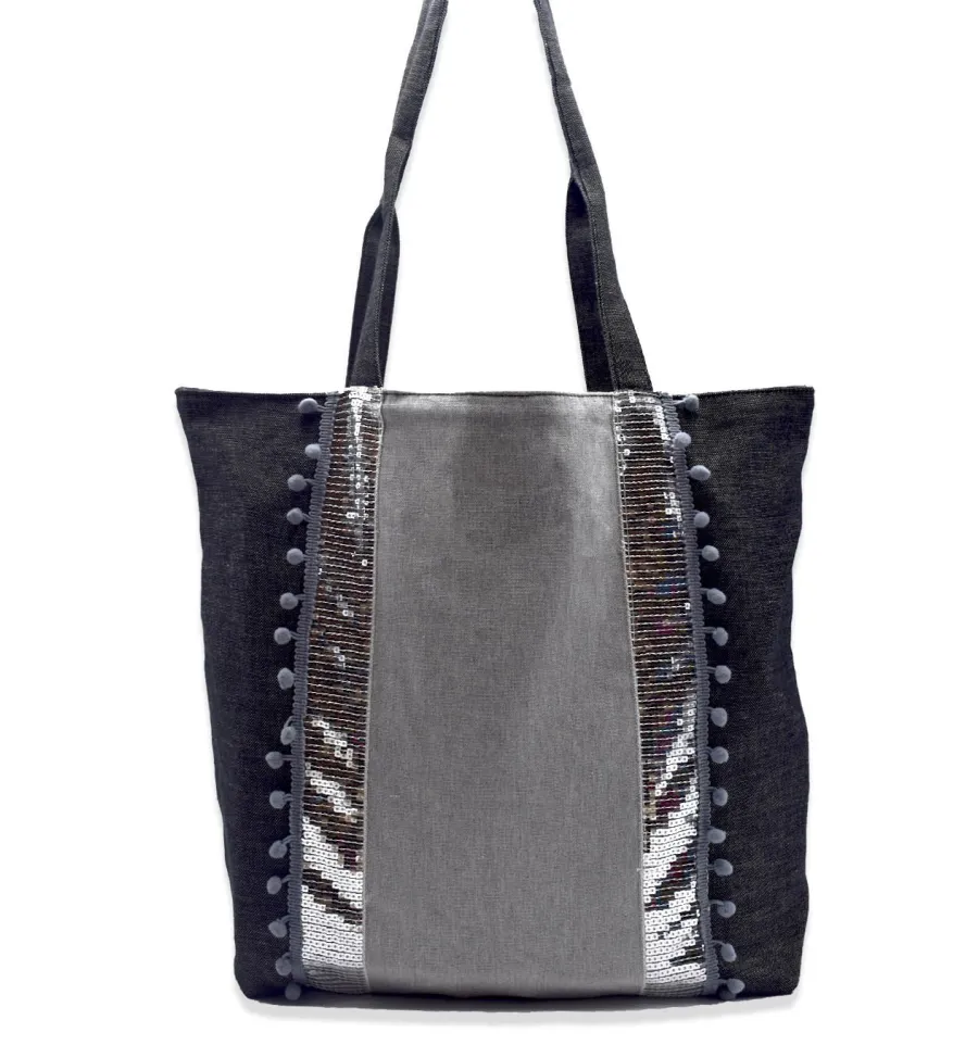 Borsa Saint Tropez grigia con paillettes argento Fouta Tunisia - 1