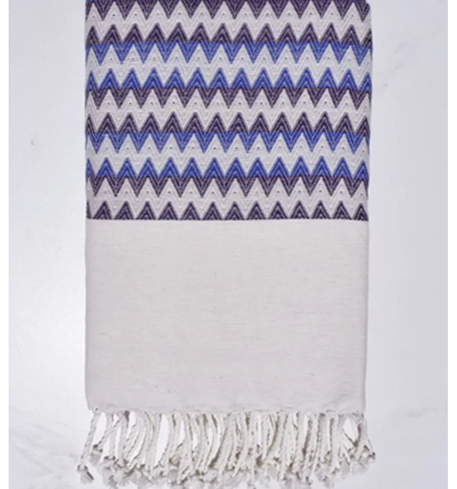 Telo mare zigzag bianco crema, viola e blu Fouta Tunisia - 1