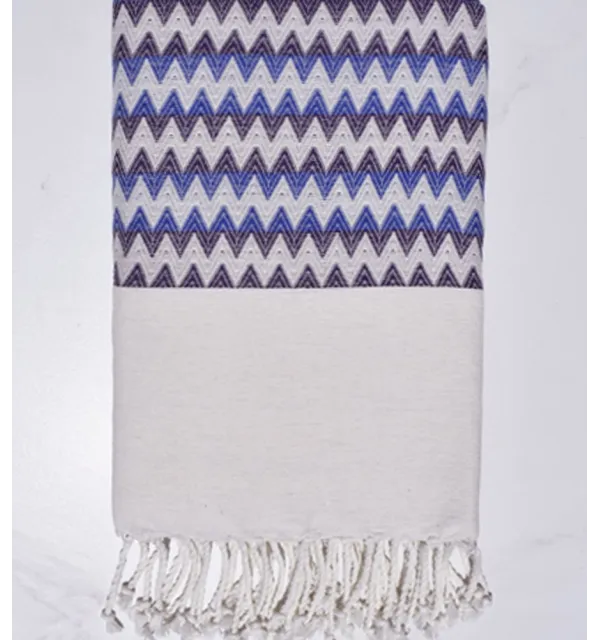 Telo mare zigzag bianco crema, viola e blu Fouta Tunisia - 1