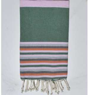 Telo mare rosa confetto, verde, grigio chiaro, grigio e arancione Fouta Tunisia - 1