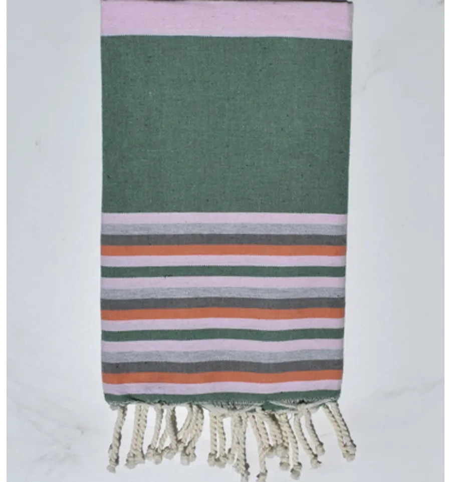 Telo mare rosa confetto, verde, grigio chiaro, grigio e arancione Fouta Tunisia - 1