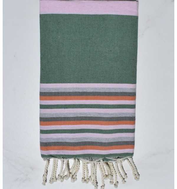 Telo mare rosa confetto, verde, grigio chiaro, grigio e arancione Fouta Tunisia - 1