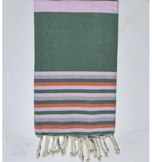 Telo mare rosa confetto, verde, grigio chiaro, grigio e arancione Fouta Tunisia - 1