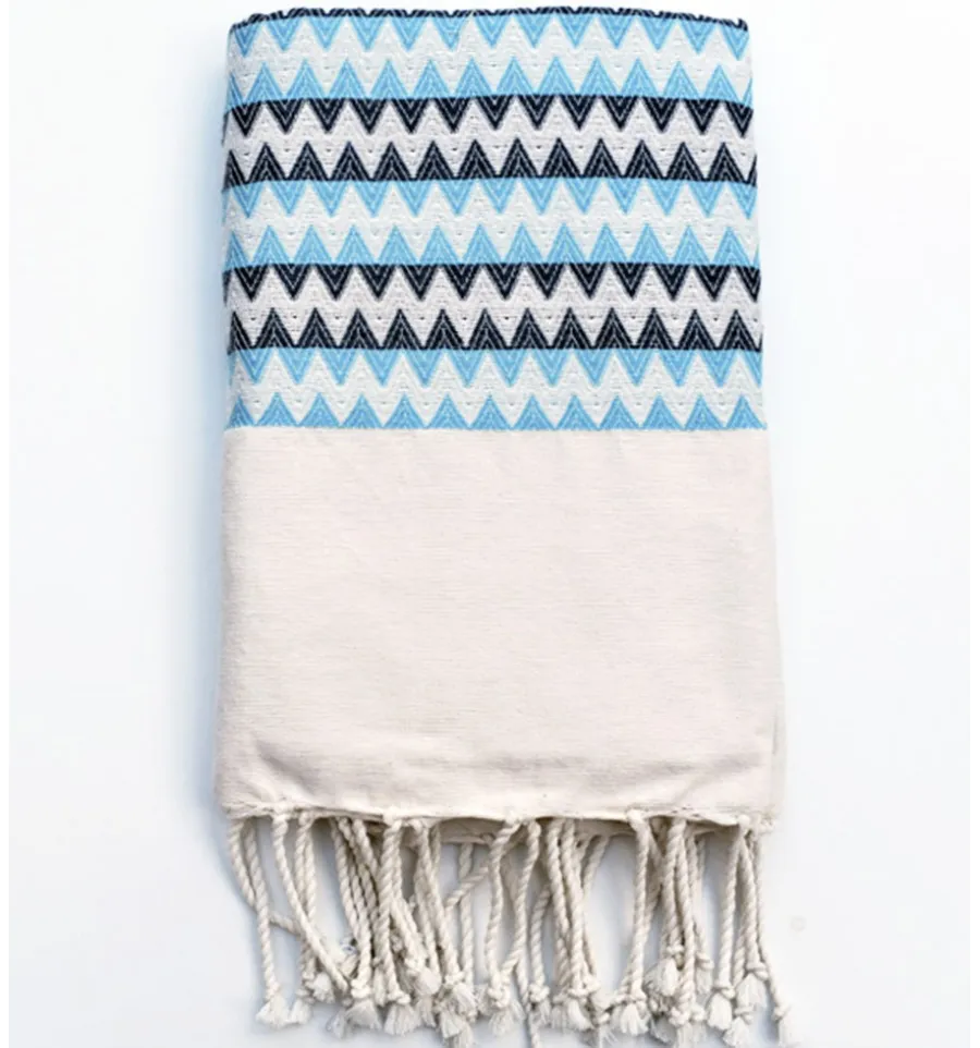 Telo mare zigzag bianco crema, azzurro e blu ardesia Fouta Tunisia - 1