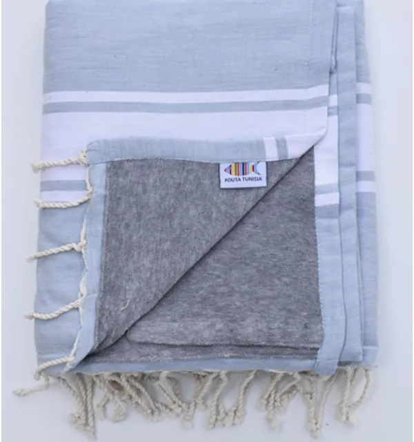 Telo mare fumo blu foderato in spugna grigio Fouta Tunisia - 1