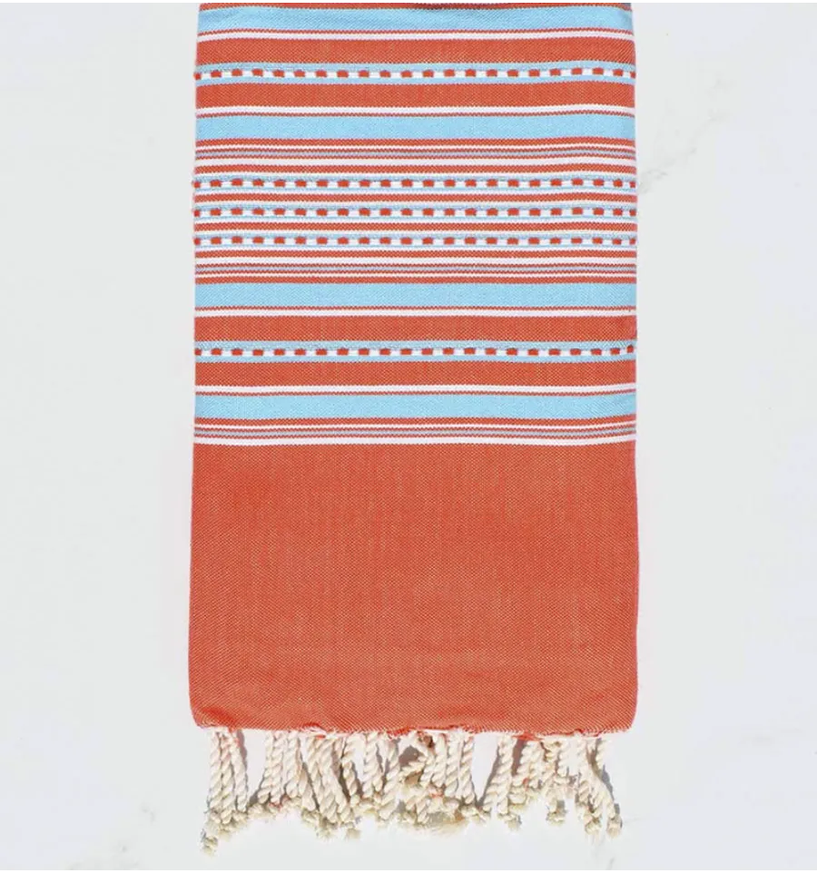 telo mare arabesco arancio scuro con strisce azzurre Fouta Tunisia - 1