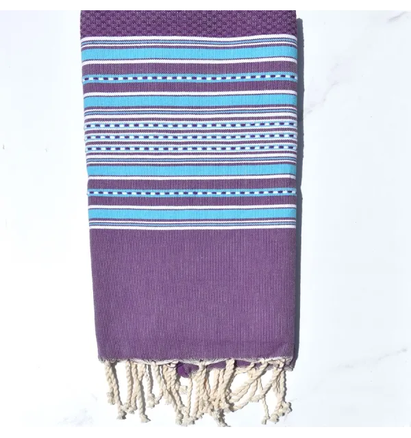 Telo mare arabesca viola con strisce blu celeste Fouta Tunisia - 1