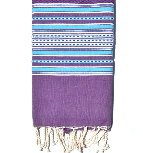 Telo mare arabesca viola con strisce blu celeste Fouta Tunisia - 2