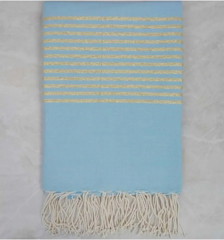 Grande fouta blu chiaro con filo lurex oro 