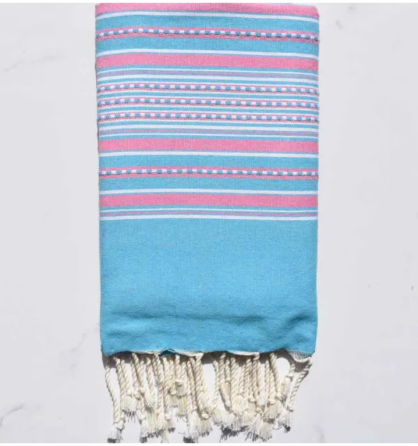 Telo mare arabesca blu celeste con strisce rosa pastello Fouta Tunisia - 1