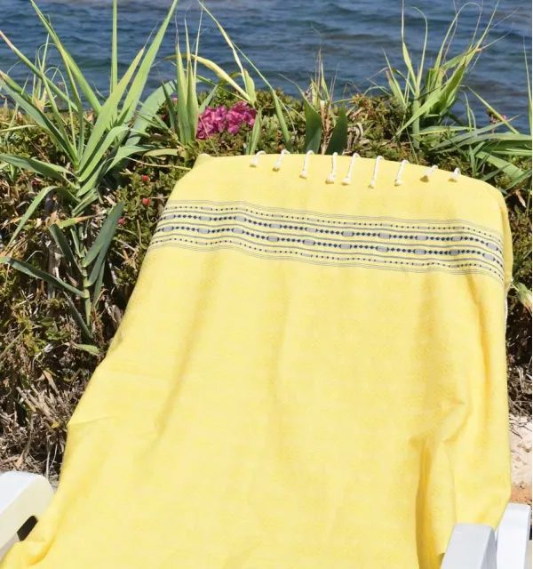 Telo mare thalasso giallo con motivi blu scuro Fouta Tunisia - 4