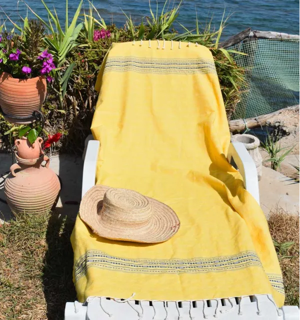 Telo mare thalasso giallo con motivi blu scuro Fouta Tunisia - 1