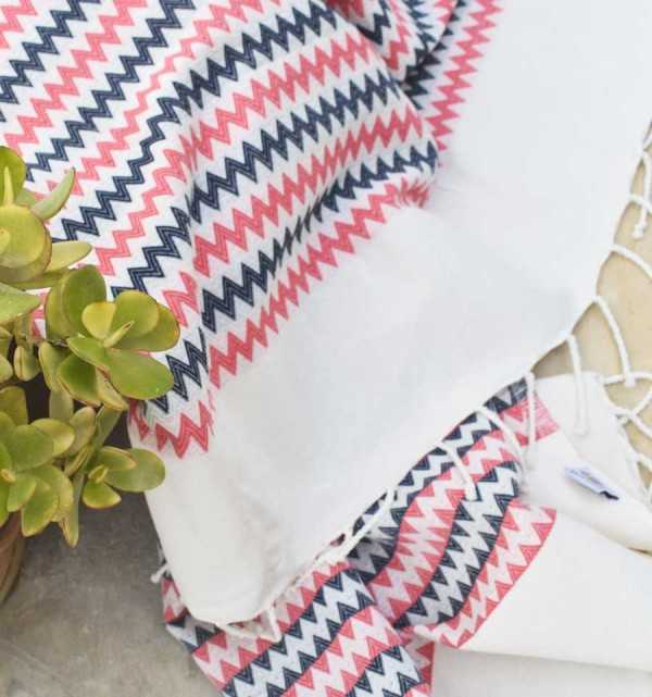 Telo mare zigzag bianco crema, rosa e blu Fouta Tunisia - 4