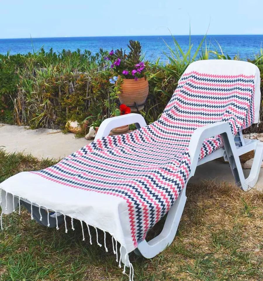 Telo mare zigzag bianco crema, rosa e blu Fouta Tunisia - 1