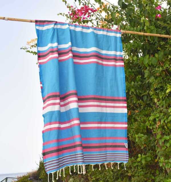 Telo mare celeste blu rosa e bianco a strisce Fouta Tunisia - 5