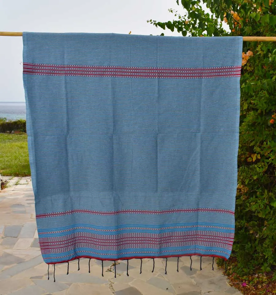 Telo mare arabesca blu chiaro, grigio chiaro e rosso Fouta Tunisia - 1