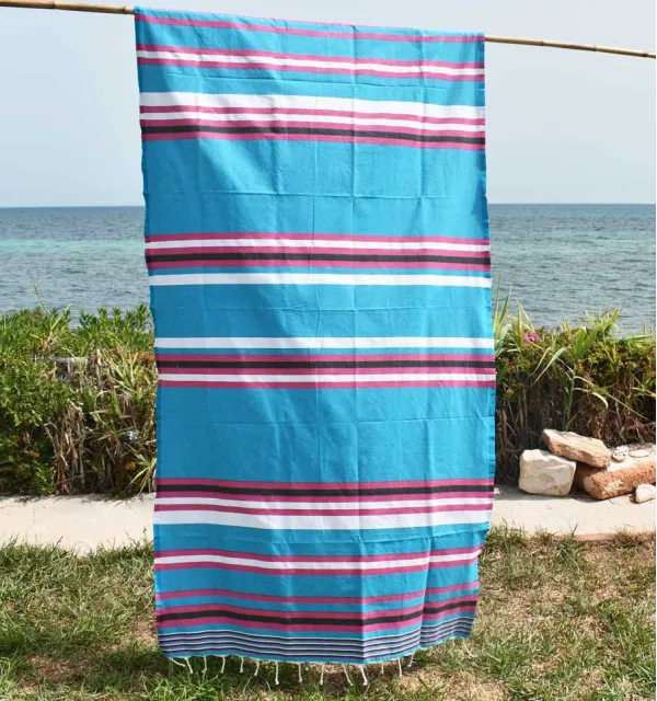 Telo mare celeste blu rosa e bianco a strisce Fouta Tunisia - 1