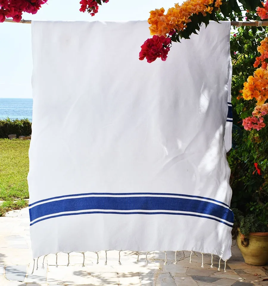 telo mare piatto bianco strisce blu Fouta Tunisia - 1