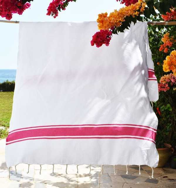 Telo mare piatta bianco con strisce rosa Fouta Tunisia - 1