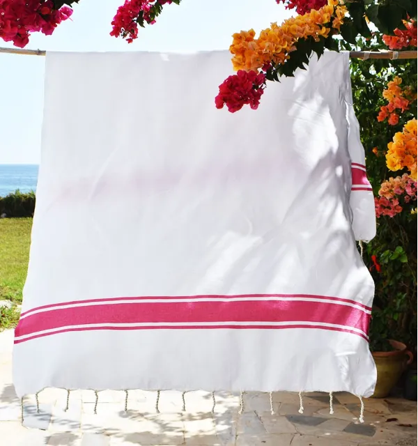 Telo mare piatta bianco con strisce rosa Fouta Tunisia - 1