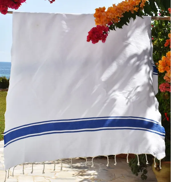 telo mare piatto bianco strisce blu Fouta Tunisia - 3