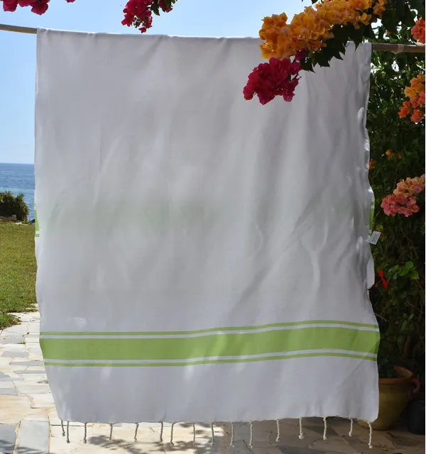 Telo mare Bianco con Strisce Verde Lime Fouta Tunisia - 1