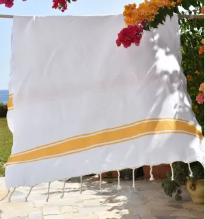 Telo mare piatta bianco strisce gialle Fouta Tunisia - 1 2