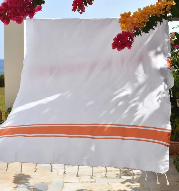 Telo mare bianco con Strisce Arancioni Fouta Tunisia - 1