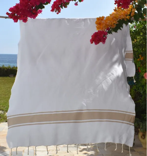 Telo mare bianco strisce Beige Fouta Tunisia - 4