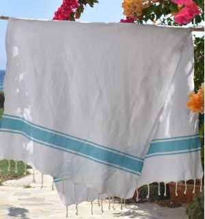 Telo mare piatta bianco con strisce azzurre Fouta Tunisia - 1 2