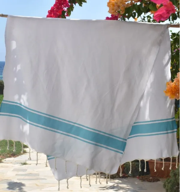 Telo mare piatta bianco con strisce azzurre Fouta Tunisia - 2