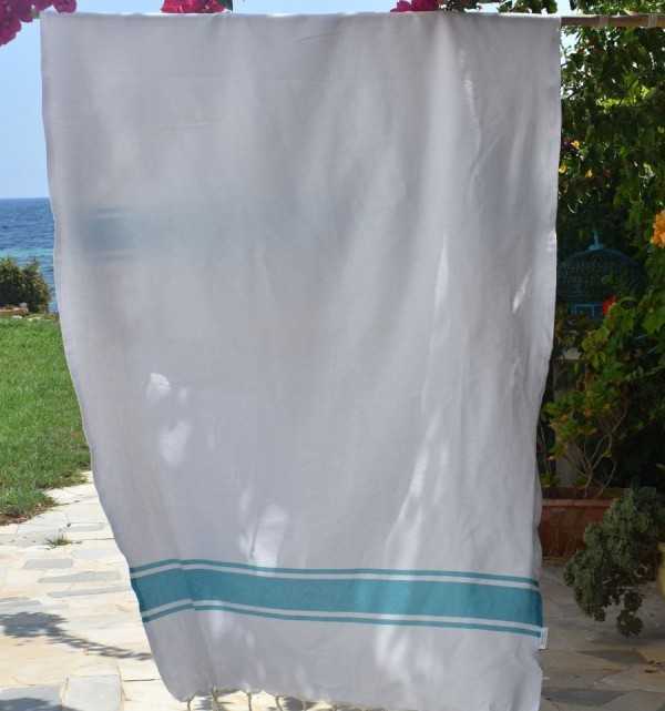 Telo mare piatta bianco con strisce azzurre Fouta Tunisia - 1