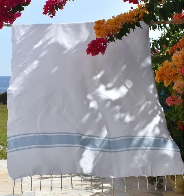 Telo mare Bianco con Strisce Blu Cielo Fouta Tunisia - 1