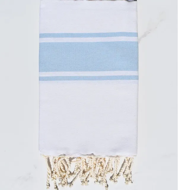 Telo mare Bianco con Strisce Blu Cielo Fouta Tunisia - 2