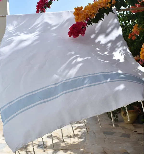 Telo mare Bianco con Strisce Blu Cielo Fouta Tunisia - 3