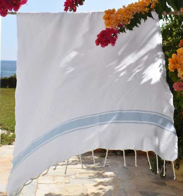 Telo mare Bianco con Strisce Blu Cielo Fouta Tunisia - 4