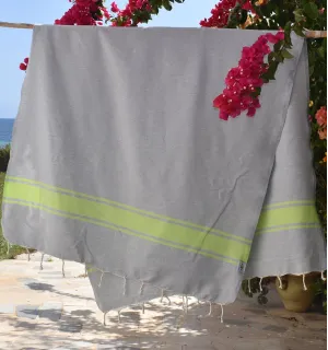 Telo mare grigio con strisce verde lime Fouta Tunisia - 1 2