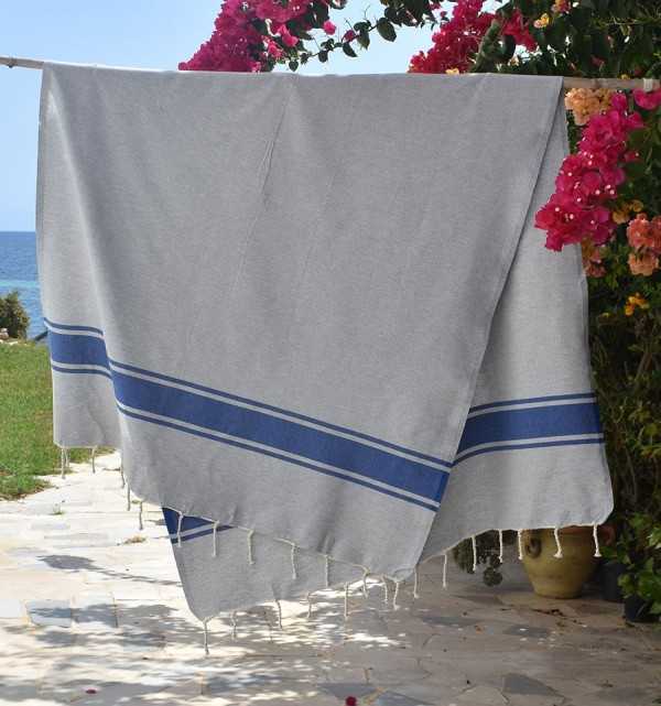 Telo mare grigio con strisce blu Fouta Tunisia - 2