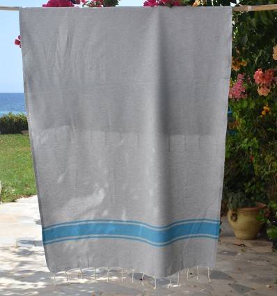 Telo mare Grigio con Strisce Azzurre Fouta Tunisia - 1