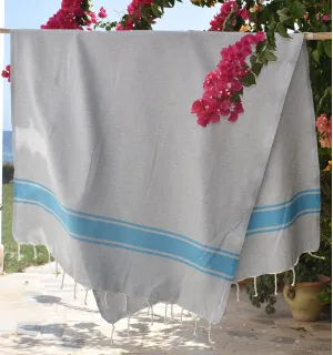 Telo mare Grigio con Strisce Azzurre Fouta Tunisia - 1 2