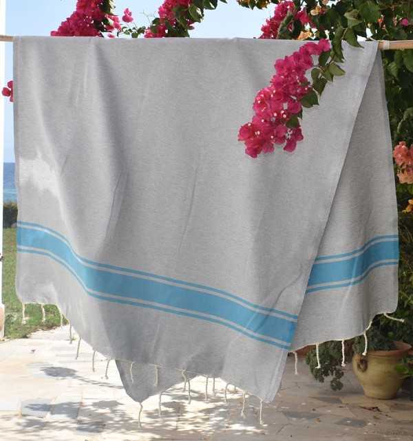 Telo mare Grigio con Strisce Azzurre Fouta Tunisia - 2