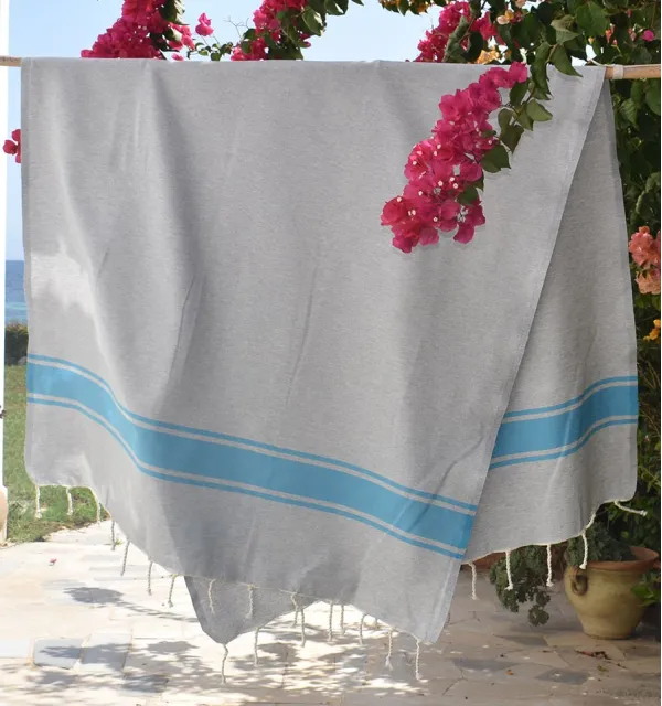 Telo mare Grigio con Strisce Azzurre Fouta Tunisia - 2