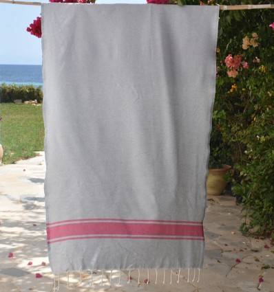 Telo mare Bianco con Strisce Rosa Chiaro Fouta Tunisia - 1