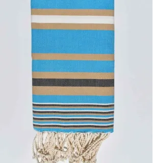 Telo mare celeste blu a strisce beige e bianco Fouta Tunisia - 1 2