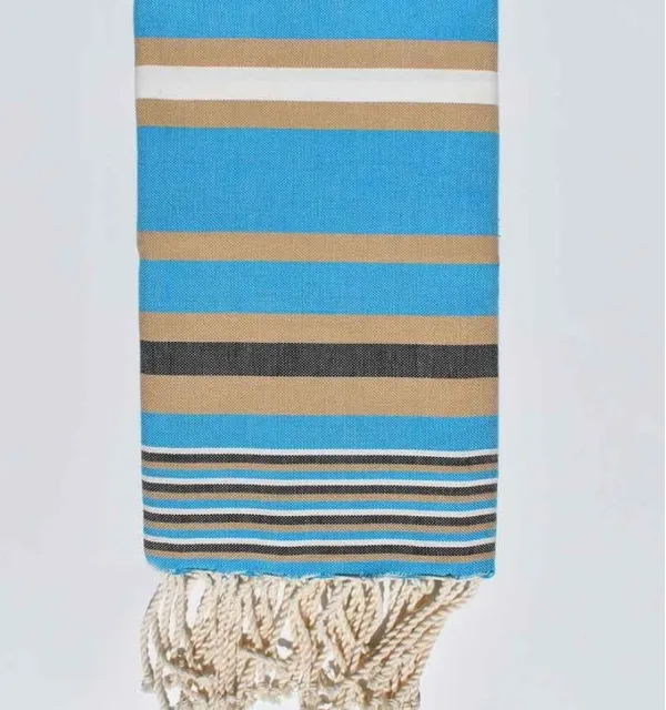 Telo mare celeste blu, beige e bianco 100x200 cm - 100 % Cotone - FOUTA TUNISIA